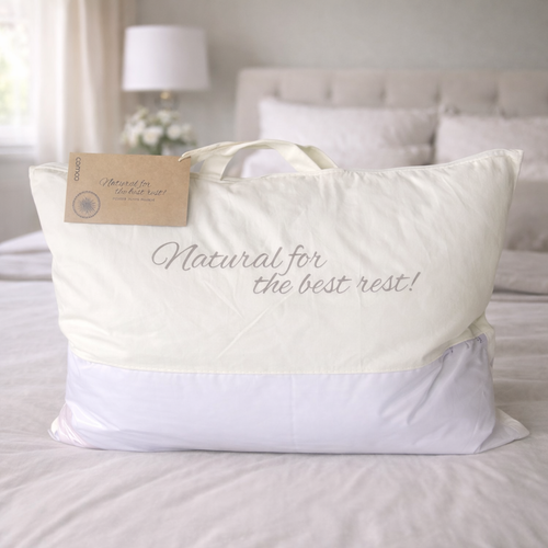Sustainable flower down pillow packaged in reusable organic cotton storage bag - Balance Night Ireland