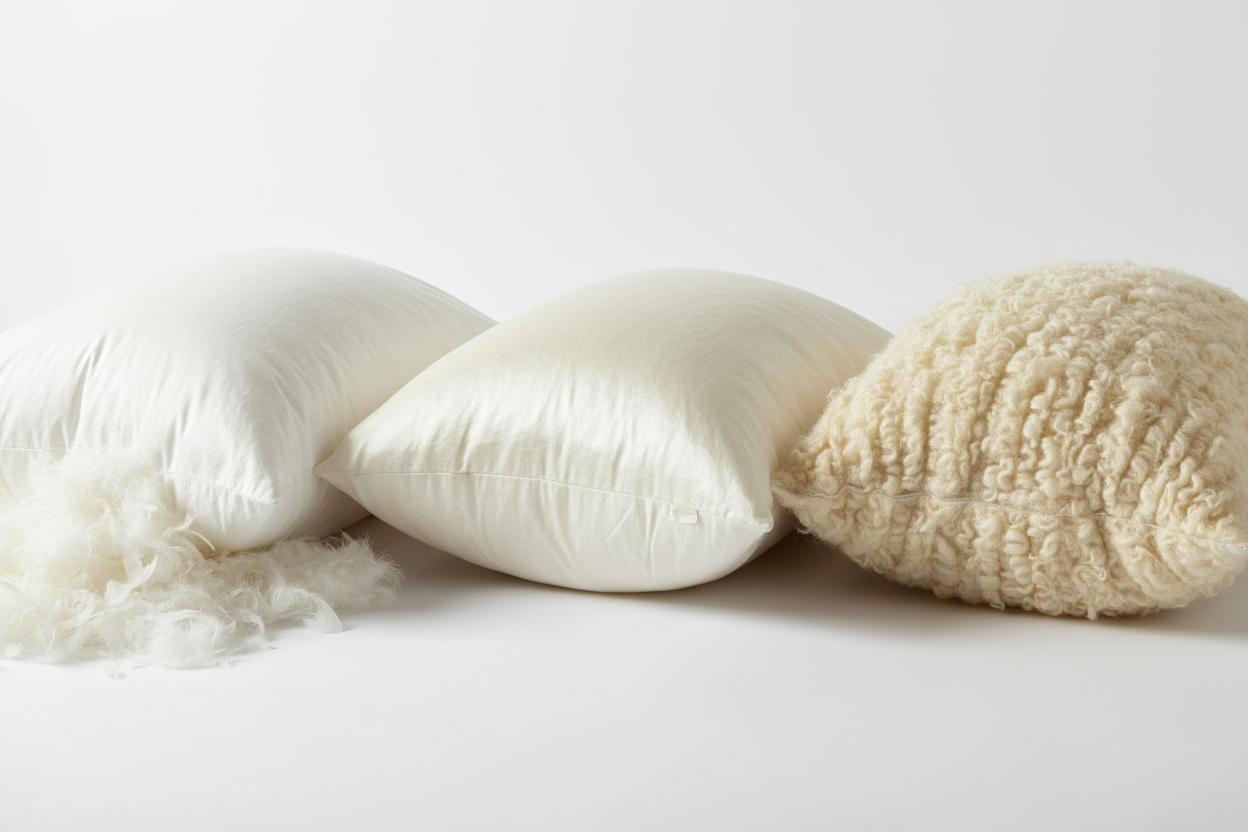 Realistic close-up of goose feather, kapok, and wool pillows